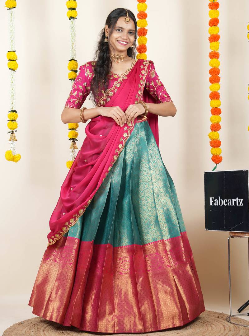 Beautiful South Indian Style Semi-Stitched Half Saree with Embroidered Blouse and Rangoli Dupatta for Women