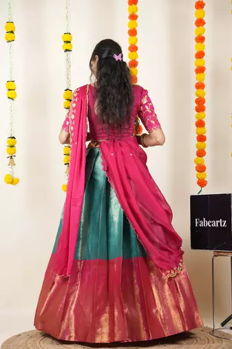 Beautiful South Indian Style Semi-Stitched Half Saree with Embroidered Blouse and Rangoli Dupatta for Women