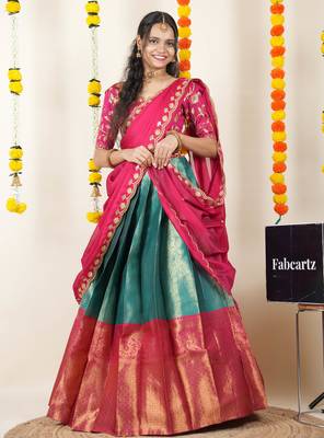 Beautiful South Indian Style Semi-Stitched Half Saree with Embroidered Blouse and Rangoli Dupatta for Women 3