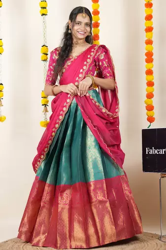 Beautiful South Indian Style Semi-Stitched Half Saree with Embroidered Blouse and Rangoli Dupatta for Women