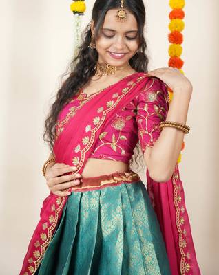Beautiful South Indian Style Semi-Stitched Half Saree with Embroidered Blouse and Rangoli Dupatta for Women 4