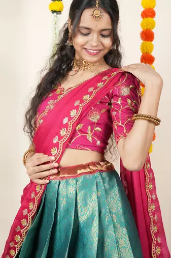 Beautiful South Indian Style Semi-Stitched Half Saree with Embroidered Blouse and Rangoli Dupatta for Women