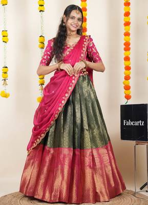 Beautiful South Indian Style Semi-Stitched Half Saree with Embroidered Blouse and Rangoli Dupatta for Women 1