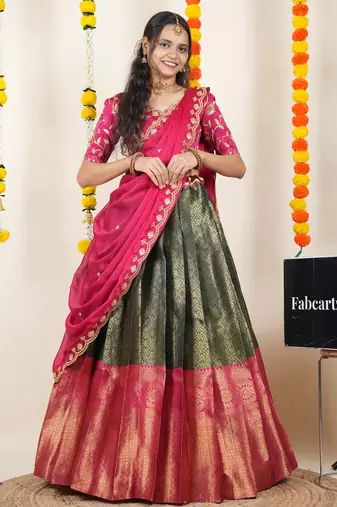 Beautiful South Indian Style Semi-Stitched Half Saree with Embroidered Blouse and Rangoli Dupatta for Women