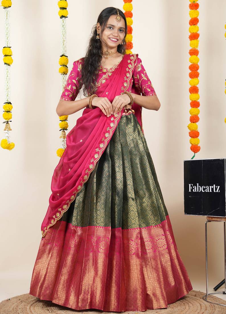 Beautiful South Indian Style Semi-Stitched Half Saree with Embroidered Blouse and Rangoli Dupatta for Women