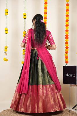 Beautiful South Indian Style Semi-Stitched Half Saree with Embroidered Blouse and Rangoli Dupatta for Women 2