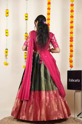 Beautiful South Indian Style Semi-Stitched Half Saree with Embroidered Blouse and Rangoli Dupatta for Women