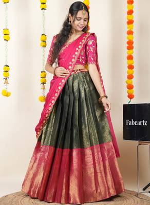 Beautiful South Indian Style Semi-Stitched Half Saree with Embroidered Blouse and Rangoli Dupatta for Women 3