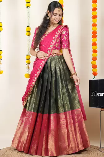 Beautiful South Indian Style Semi-Stitched Half Saree with Embroidered Blouse and Rangoli Dupatta for Women