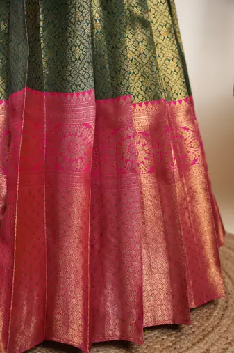 Beautiful South Indian Style Semi-Stitched Half Saree with Embroidered Blouse and Rangoli Dupatta for Women