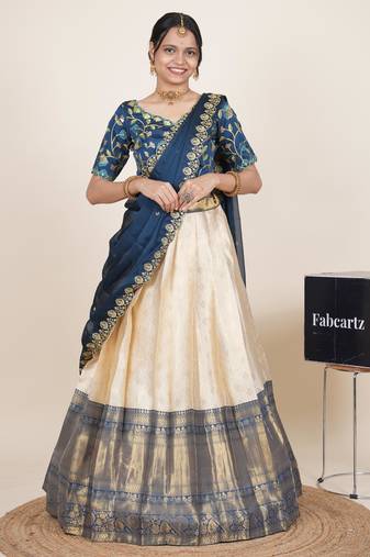 Beautiful South Indian Style Semi-Stitched Half Saree with Embroidered Blouse and Rangoli Dupatta for Women