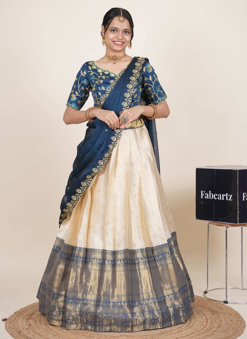 Beautiful South Indian Style Semi-Stitched Half Saree with Embroidered Blouse and Rangoli Dupatta for Women