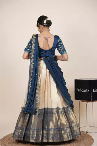 Beautiful South Indian Style Semi-Stitched Half Saree with Embroidered Blouse and Rangoli Dupatta for Women