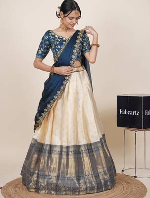 Beautiful South Indian Style Semi-Stitched Half Saree with Embroidered Blouse and Rangoli Dupatta for Women 3
