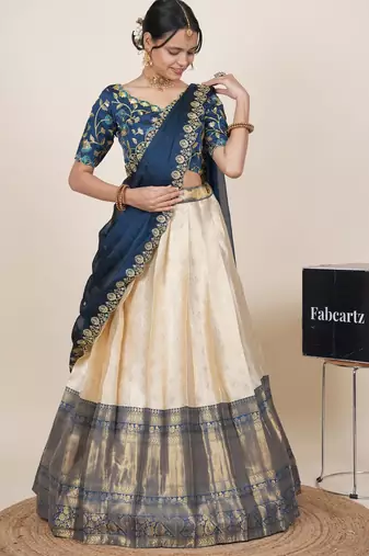 Beautiful South Indian Style Semi-Stitched Half Saree with Embroidered Blouse and Rangoli Dupatta for Women