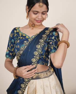Beautiful South Indian Style Semi-Stitched Half Saree with Embroidered Blouse and Rangoli Dupatta for Women 4