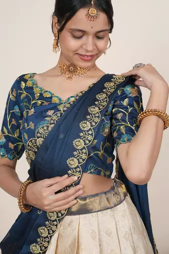 Beautiful South Indian Style Semi-Stitched Half Saree with Embroidered Blouse and Rangoli Dupatta for Women