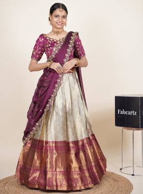 Beautiful South Indian Style Semi-Stitched Half Saree with Embroidered Blouse and Rangoli Dupatta for Women 1