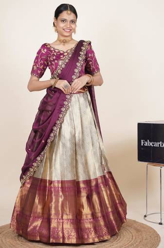 Beautiful South Indian Style Semi-Stitched Half Saree with Embroidered Blouse and Rangoli Dupatta for Women