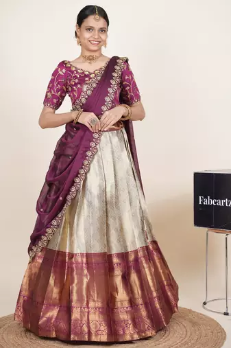 Beautiful South Indian Style Semi-Stitched Half Saree with Embroidered Blouse and Rangoli Dupatta for Women