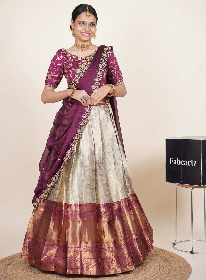 Beautiful South Indian Style Semi-Stitched Half Saree with Embroidered Blouse and Rangoli Dupatta for Women