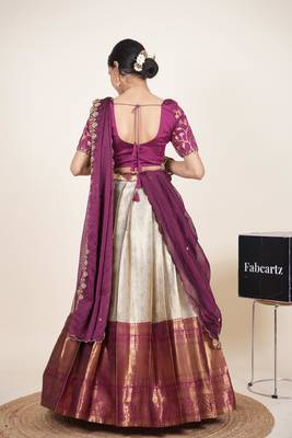 Beautiful South Indian Style Semi-Stitched Half Saree with Embroidered Blouse and Rangoli Dupatta for Women 2