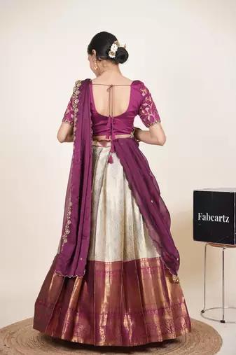 Beautiful South Indian Style Semi-Stitched Half Saree with Embroidered Blouse and Rangoli Dupatta for Women