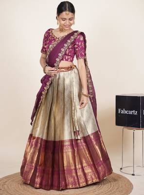 Beautiful South Indian Style Semi-Stitched Half Saree with Embroidered Blouse and Rangoli Dupatta for Women 3