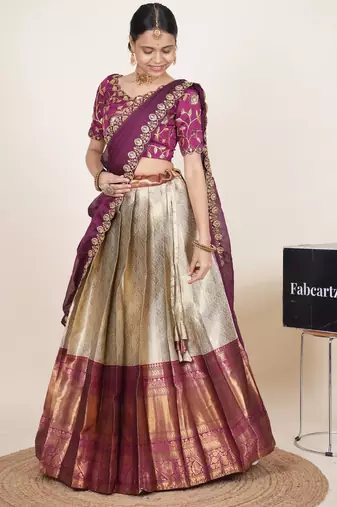 Beautiful South Indian Style Semi-Stitched Half Saree with Embroidered Blouse and Rangoli Dupatta for Women