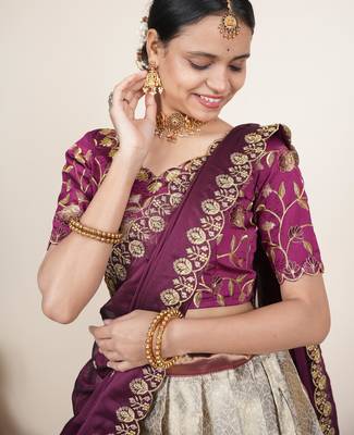 Beautiful South Indian Style Semi-Stitched Half Saree with Embroidered Blouse and Rangoli Dupatta for Women 4