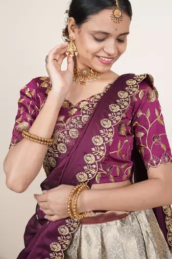 Beautiful South Indian Style Semi-Stitched Half Saree with Embroidered Blouse and Rangoli Dupatta for Women