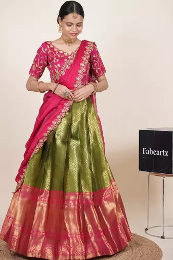 Beautiful South Indian Style Semi-Stitched Half Saree with Embroidered Blouse and Rangoli Dupatta for Women