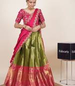 Beautiful South Indian Style Semi-Stitched Half Saree with Embroidered Blouse and Rangoli Dupatta for Women