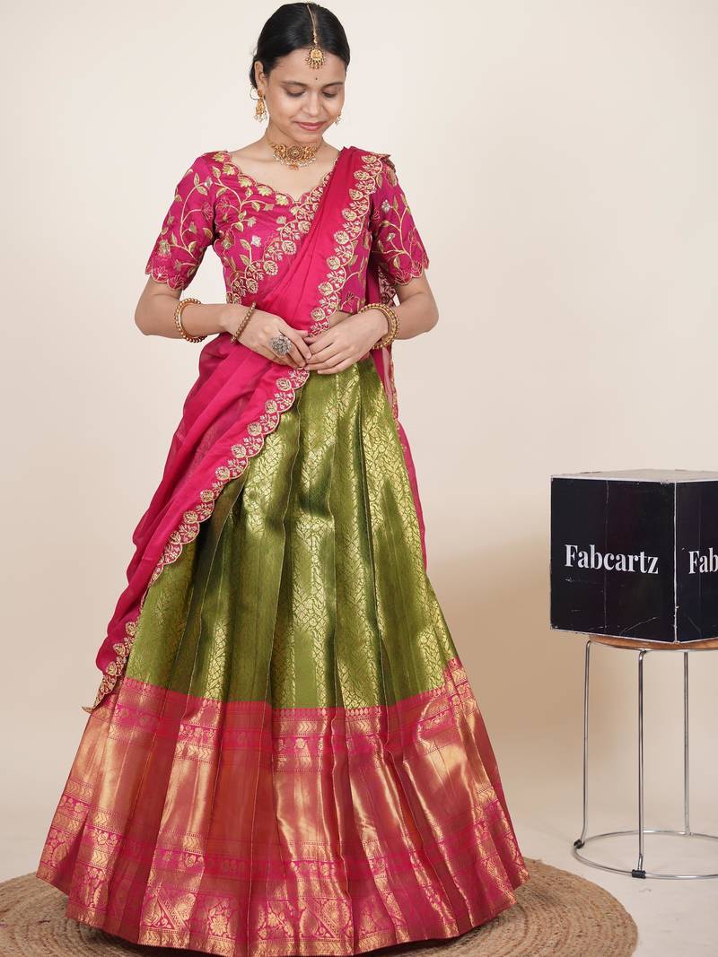 Beautiful South Indian Style Semi-Stitched Half Saree with Embroidered Blouse and Rangoli Dupatta for Women