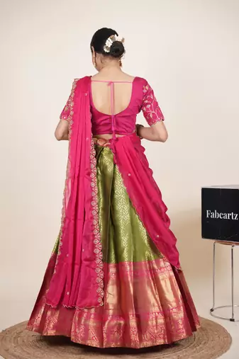 Beautiful South Indian Style Semi-Stitched Half Saree with Embroidered Blouse and Rangoli Dupatta for Women