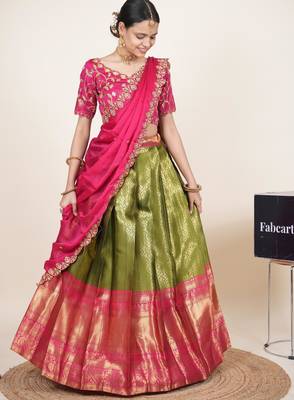 Beautiful South Indian Style Semi-Stitched Half Saree with Embroidered Blouse and Rangoli Dupatta for Women 3