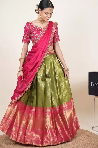 Beautiful South Indian Style Semi-Stitched Half Saree with Embroidered Blouse and Rangoli Dupatta for Women