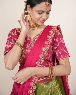 Beautiful South Indian Style Semi-Stitched Half Saree with Embroidered Blouse and Rangoli Dupatta for Women 4