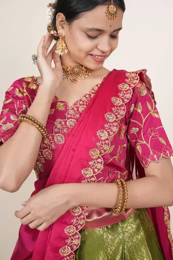 Beautiful South Indian Style Semi-Stitched Half Saree with Embroidered Blouse and Rangoli Dupatta for Women