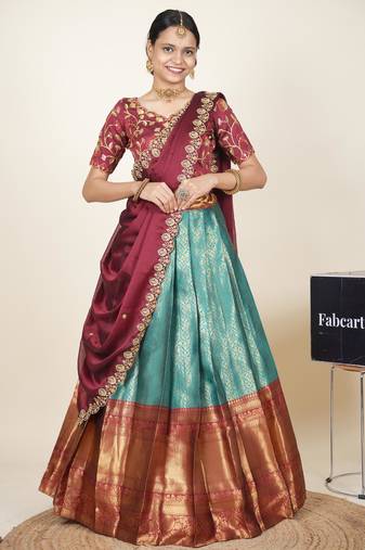 Beautiful South Indian Style Semi-Stitched Half Saree with Embroidered Blouse and Rangoli Dupatta for Women