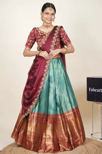 Beautiful South Indian Style Semi-Stitched Half Saree with Embroidered Blouse and Rangoli Dupatta for Women