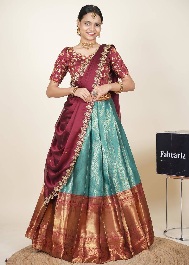 Beautiful South Indian Style Semi-Stitched Half Saree with Embroidered Blouse and Rangoli Dupatta for Women