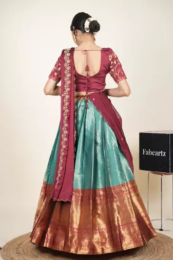 Beautiful South Indian Style Semi-Stitched Half Saree with Embroidered Blouse and Rangoli Dupatta for Women