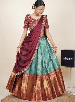 Beautiful South Indian Style Semi-Stitched Half Saree with Embroidered Blouse and Rangoli Dupatta for Women 3