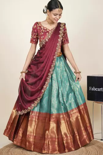 Beautiful South Indian Style Semi-Stitched Half Saree with Embroidered Blouse and Rangoli Dupatta for Women