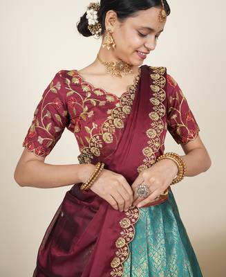 Beautiful South Indian Style Semi-Stitched Half Saree with Embroidered Blouse and Rangoli Dupatta for Women 4