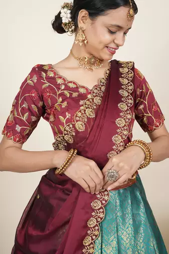 Beautiful South Indian Style Semi-Stitched Half Saree with Embroidered Blouse and Rangoli Dupatta for Women