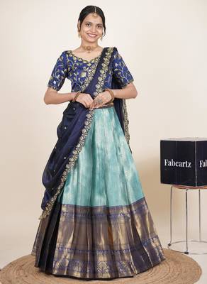 Beautiful South Indian Style Semi-Stitched Half Saree with Embroidered Blouse and Rangoli Dupatta for Women 1