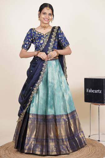 Beautiful South Indian Style Semi-Stitched Half Saree with Embroidered Blouse and Rangoli Dupatta for Women