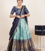 Beautiful South Indian Style Semi-Stitched Half Saree with Embroidered Blouse and Rangoli Dupatta for Women